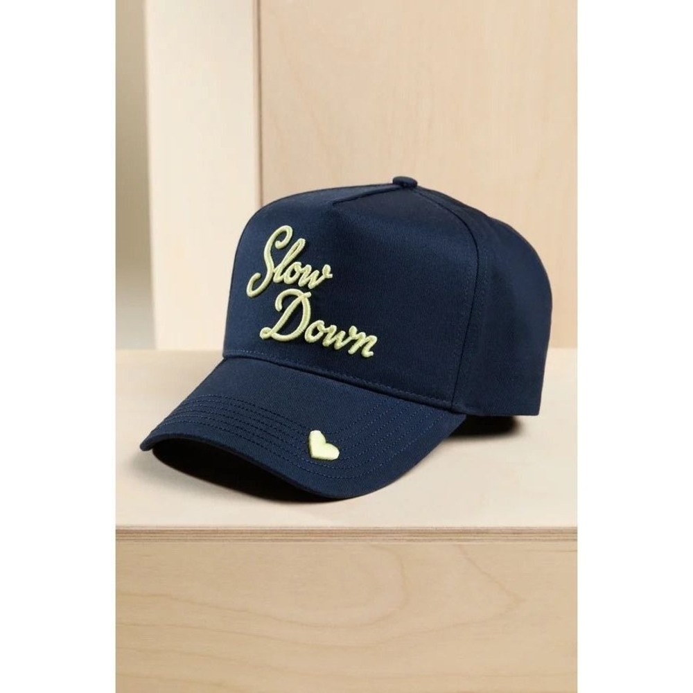 Altar'd State Slow Down Navy Blue Embroidered Baseball Cap Lime Green Heart Hat